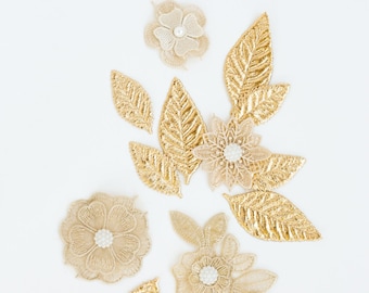 Metallic Gold Appliqué DIY Embellishment Pack | Lace Flower Gold Leaf Embroidery Bundle | Scrapbooking Millinery Craft Loose Pieces Grab Bag
