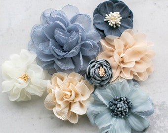 Fabric Flower Variety Bundle | Steel Blues + Taupe Fabric Flower Pack | Shades of Blue & Khaki Craft Flower Multipack | Floral Grab Bag