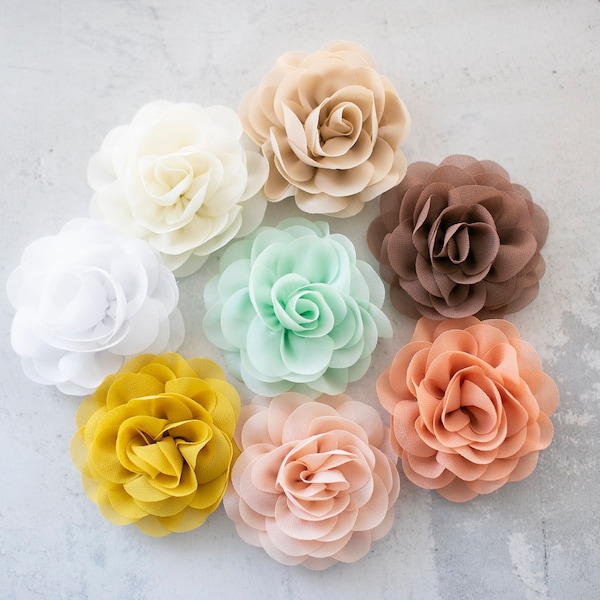 Whimsical Chiffon Fabric Flowers 8.5cm | Chiffon Garden Rose Florals | Craft Ivory, Tan, White, Peach, Pink, Mint Rose | Chiffon Flower