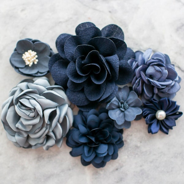 Fabric Flower Variety Bundle | Midnight Blue Flower Pack | Navy Blue Fabric Flowers | Dark Blue Craft Flower Multipack | Floral Grab Bag
