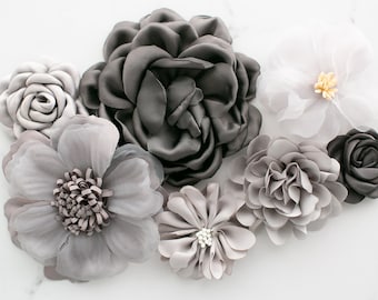 Shades of Grey Fabric Flower Variety Bundle | Deep Grey Neutral Fabric Flowers | Craft Flower Multipack | Silver + Dark Gray Silver Grab Bag
