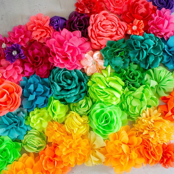 Rainbow & Neon Fabric Flowers Grab Bag | Bright Craft Flowers for Flower Crowns, Music Festival Costumes |  Rave Accessory Flower Pack