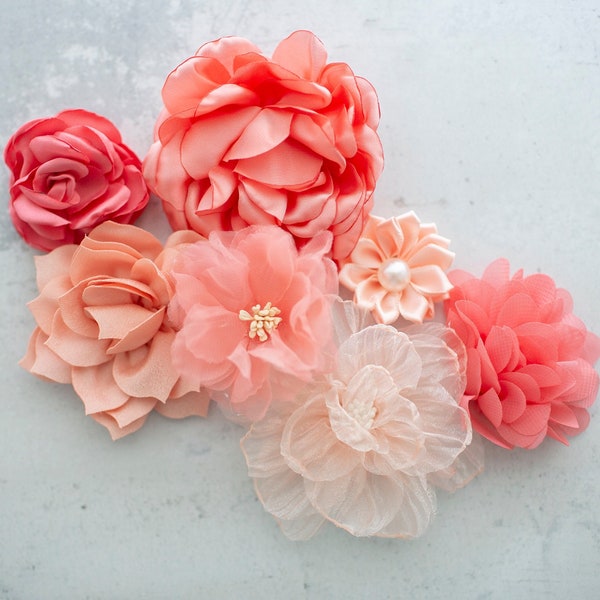 Fabric Flower Variety Bundle | Pink Shades of Coral Millinery Flower | 3D Fabric Craft Flowers | Summer Decor CIY Craft Floral Pack