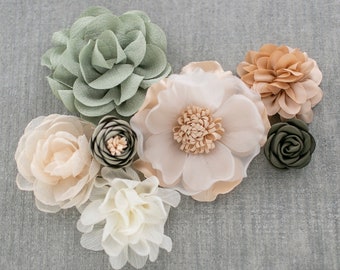 Fabric Flower Variety Bundle | Sage Green + Champagne Fabric Flower Pack | Shades of Green Craft Flower Multipack | Floral Grab Bag