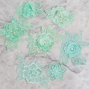 DIY-versieringspakket mintapplicatie | Aqua kant bloem blad borduurbundel | Handtas voor scrapbooking of junkjournaling modevak