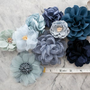 Fabric Flower Variety Bundle | Ombre Blue Faux Flower Pack | Shades of Blue Artificial Embellishment Blooms | Craft Pack of Applique Florals