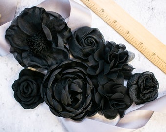 Shades of Black Fabric Flower Variety Bundle | Moody Gothic Fabric Flowers | Craft Flower Multipack | Black 3D Flower Assortment Pack