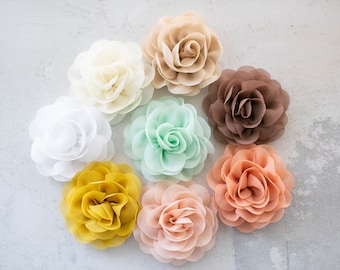 Whimsical Chiffon Fabric Flowers 8.5cm | Chiffon Garden Rose Florals | Craft Ivory, Tan, White, Peach, Pink, Mint Rose | Chiffon Flower