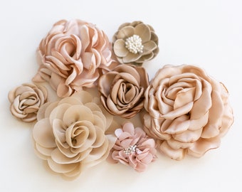 Fabric Flower Variety Bundle | Beige Flower Pack | Neutral Tan Fabric Flowers | Nude Beige Craft Flower Multipack | Brown Floral Grab Bag