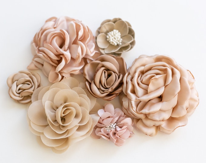 Featured listing image: Fabric Flower Variety Bundle | Beige Flower Pack | Neutral Tan Fabric Flowers | Nude Beige Craft Flower Multipack | Brown Floral Grab Bag