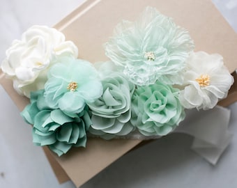 Fabric Flower Variety Bundle | Soft Mint & Blue Fabric Flowers | Blue Green Craft Flower Multipack | Cool Tones Millinery Floral Grab Bag