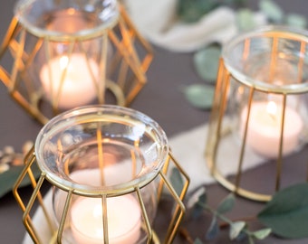 Geometric Brass Candle Votive: Art Deco Gold Tea Light Holder