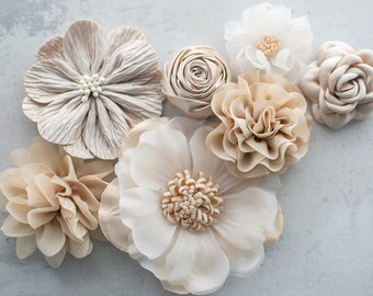 Nude Shades Fabric Flower Variety Bundle |  Neutral and Pale Fabric Flowers | Nude Beige Craft Flower Multipack | Champagne Floral Grab Bag