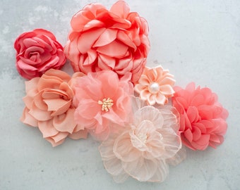 Fabric Flower Variety Bundle | Pink Shades of Coral Millinery Flower | 3D Fabric Craft Flowers | Summer Decor CIY Craft Floral Pack