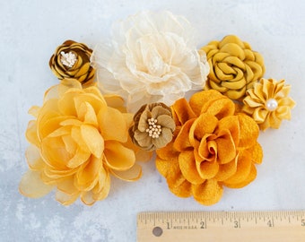 Fabric Flower Variety Bundle | Golden Amber Flowers | Millinery Fall Flower Multipack | Shades of Deep Yellow and Golden Floral Grab Bag