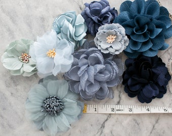 Fabric Flower Variety Bundle | Ombre Blue Faux Flower Pack | Shades of Blue Artificial Embellishment Blooms | Craft Pack of Applique Florals