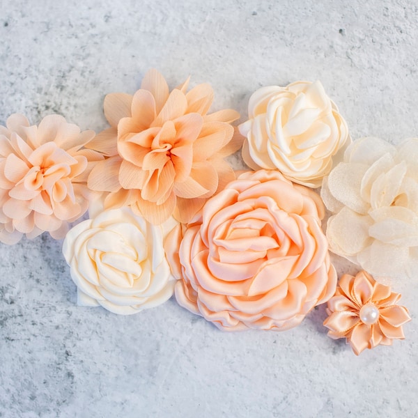 Peach & Cream Fabric Flower Variety Bundle | Shades of Coral Millinery Flowers | Baby Shower Sash Craft Flower Multipack | Floral Grab Bag