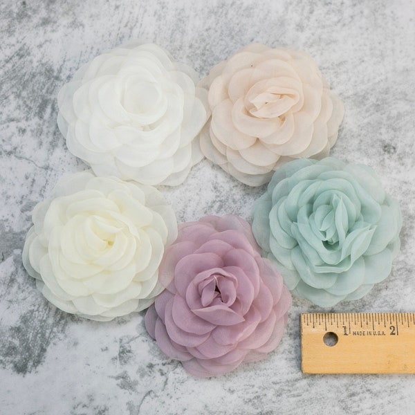 Organza Fabric Peony | 3" or 8cm Fabric Flower | Artificial 3D Wedding or Millinery Floral | White, Ivory, Lilac, Ice Blue, Ecru Florals