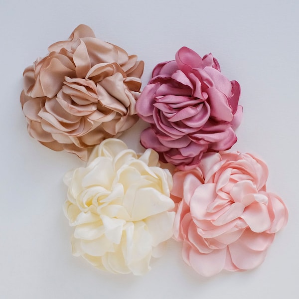 Fabric Flower | Ivory or Pink Satin Rose | Large Artificial Rosette | Floppy Millinery Flower | Pink or White Peony | Large Beige Rose