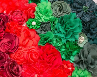 Bolsa de flores de tela navideñas / Elige la cantidad / Flores rojas y verdes
