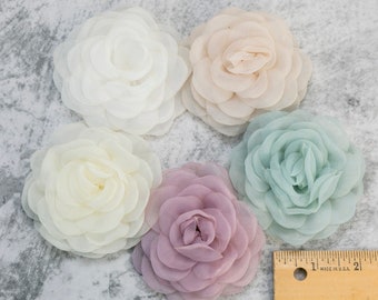 Organza Fabric Peony | 3" or 8cm Fabric Flower | Artificial 3D Wedding or Millinery Floral | White, Ivory, Lilac, Ice Blue, Ecru Florals