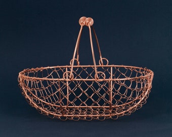 Copper Wire Rose Gold Metal Basket | Shallow Pink Double Swing Handle Basket | Oval Oblong Wire Basket