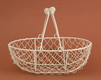 Ivory Metal Basket | Shallow Cream Double Swing Handle Basket | Oval Oblong Wire Basket | Shallow Catchall Storage Basket