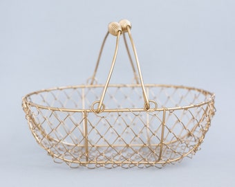 Champagne Gold Oblong Wire Basket | Shallow Gold Double Swing Handle Basket | Oval Wire Golden Basket | Gift Basket