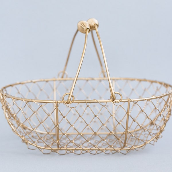 Champagne Gold Oblong Wire Basket | Shallow Gold Double Swing Handle Basket | Oval Wire Golden Basket | Gift Basket