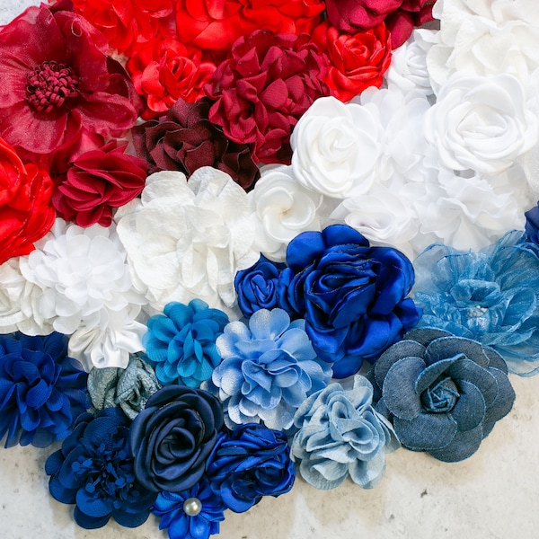 Red, White & Blue Fabric Flowers Grab Bag | Patriotic Fabric Flowers | DIY Embellishment Flowers | Assorted Flower Multipack