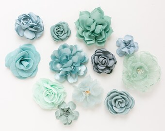 Fabric Flower Variety Bundle | Soft Mint & Blue Fabric Flowers | Blue Green Craft Flower Multipack | Cool Tones Millinery Floral Grab Bag