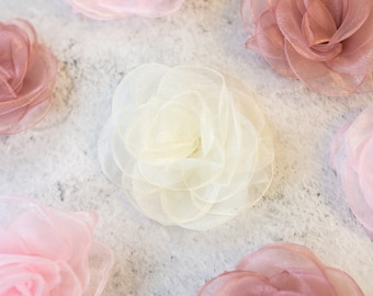 4" Fabric Flower | SALE/IMPERFECT: Large Organza Sheer Fabric Rose in Black, Ivory, Soft Pink or Mauve | Wedding Dress or Costume 3D Flower