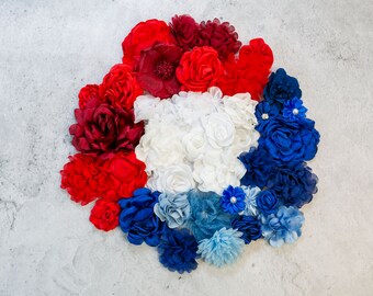 Red, White & Blue Fabric Flowers Grab Bag | Patriotic Fabric Flowers | DIY Embellishment Flowers | Assorted Flower Multipack