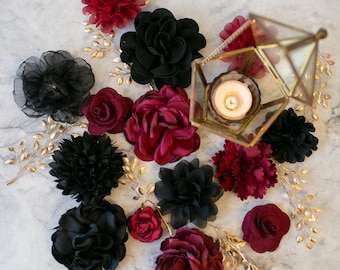 Halloween Decor Floral Grab Bag | Misc. Dark Shades Millinery Fabric Flowers | DIY Gothic Applique Flowers | Black & Crimson Assorted Blooms