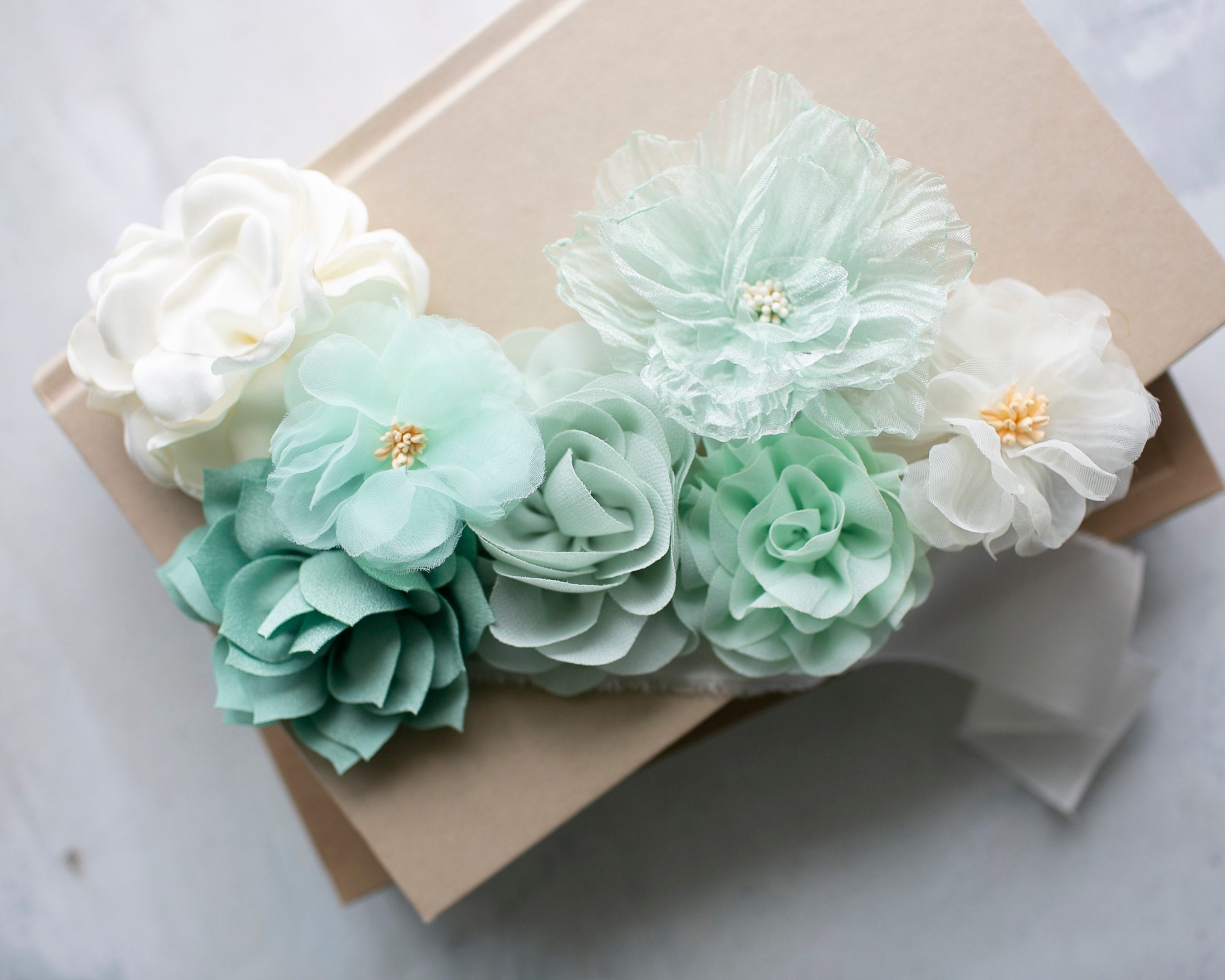 Fabric Flower Variety Bundle, Soft Mint & Blue Fabric Flowers, Blue Green  Craft Flower Multipack