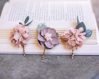 Blush and Mauve Pink Flower Hair Pin Set: Boho Bridal Hair Accessory