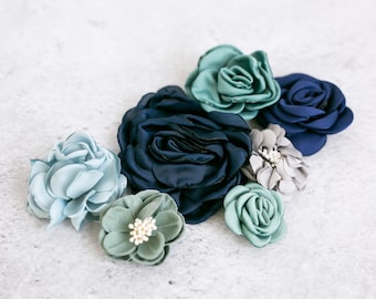 Fabric Flower Variety Bundle | Blue Flower Pack | Ocean Blue Fabric Flowers | Blue Green Craft Flower Multipack | Cool Tones Floral Grab Bag