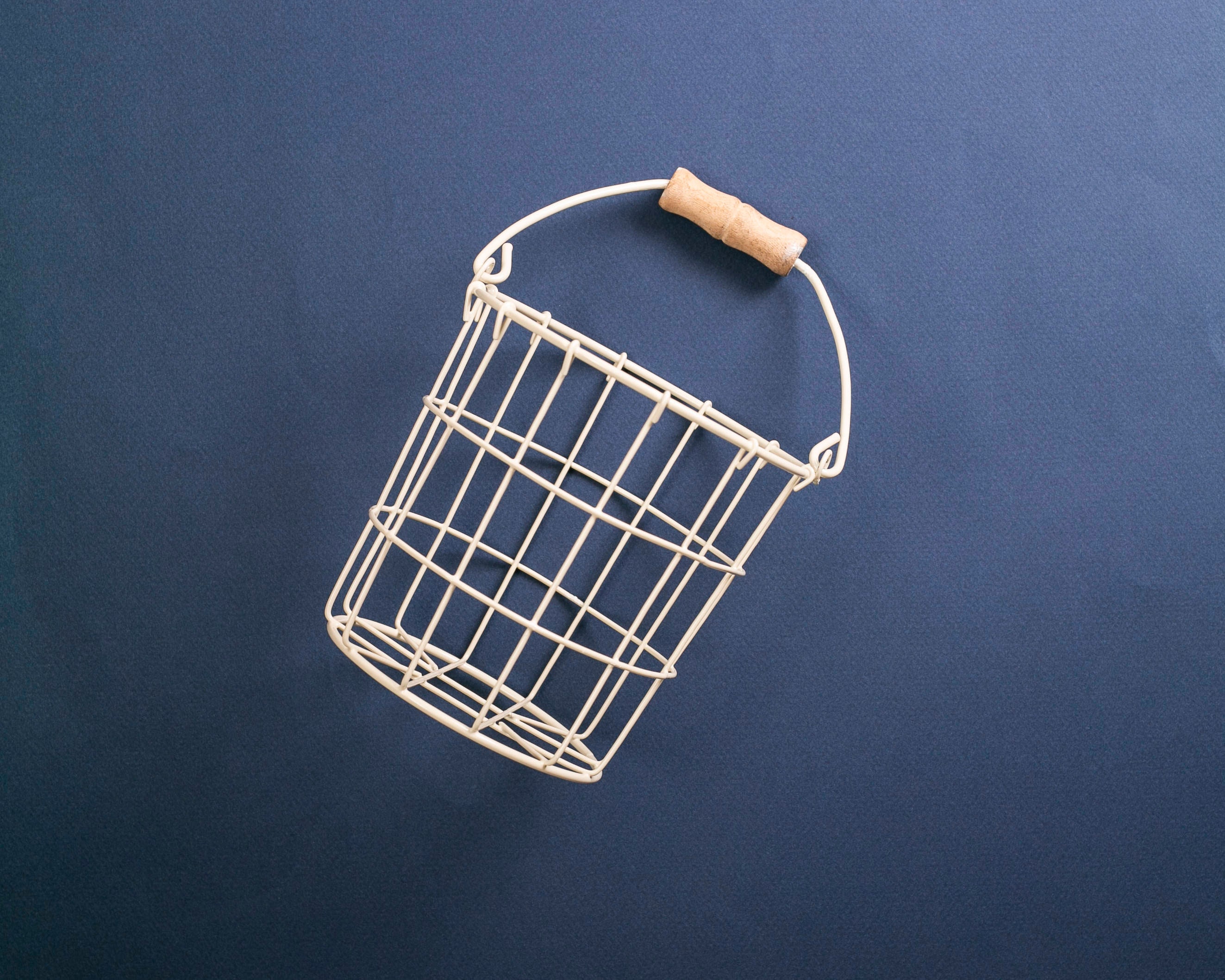 Ivory Wire Mini Basket Petite Metal Basket with Wooden Handle Plain