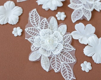 White Appliqué DIY Embellishment Pack | Lace Flower Off White Embroidery Bundle | Bridal Millinery DIY Kit Loose Pieces Appliqué Grab Bag