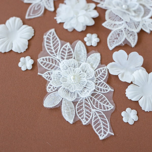 White Appliqué DIY Embellishment Pack | Lace Flower Off White Embroidery Bundle | Bridal Millinery DIY Kit Loose Pieces Appliqué Grab Bag