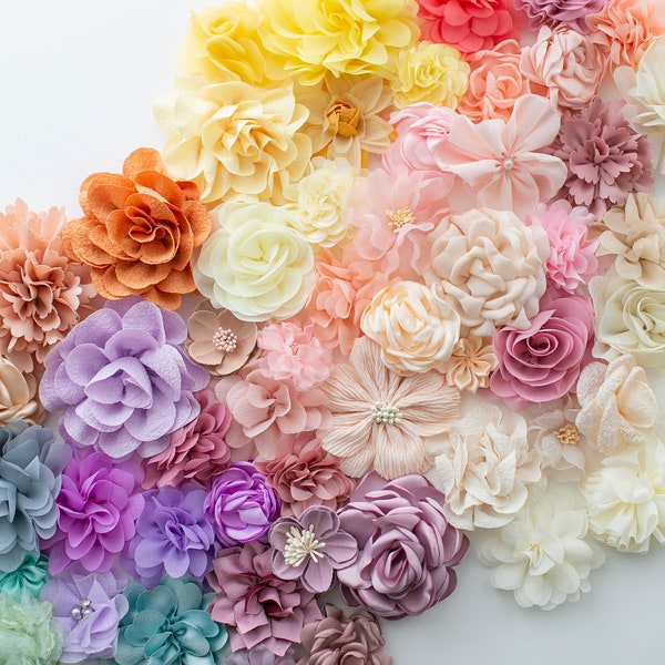 Choose Your Color Palette Floral Grab Bag | Rainbow Fabric Flowers | 3D Craft Applique Flower Variety Pack in Assorted Colors