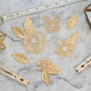 DIY-versieringspakket metallic gouden applicaties | Bundel met kant en bloemblaadjes | Handtas voor scrapbooking modevakartikelen