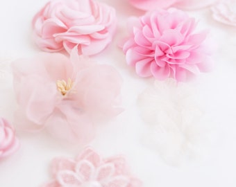 Fabric Flower and Embellishment Bundle | Pale Pink Flower & Lace Embellishment Pack | Fabric Flower Grab Bag | Lace Appliqué Embroidery Kit