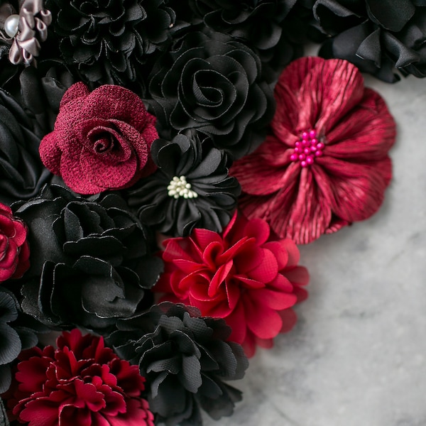 Halloween Decor Floral Grab Bag | Fall Craft Millinery Fabric Flowers | DIY Gothic Applique Flowers | Black, Orange, Crimson Assorted Blooms