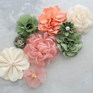 Fabric Flower Variety Bundle | Pink and Green Faux Flower Pack | Artificial Flower Embellishment | Craft Pack of Florals for Applique