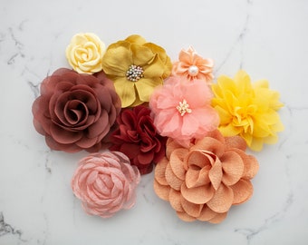 Fabric Flower Variety Bundle | Shades of Yellow, Pink, Coral, Red & Orange Ombre Floral Pack | Craft Flower Sunset Tones Multipack