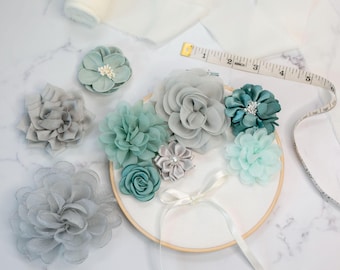 Mint Teal & Gray Fabric Flower Bundle: Craft Florals, DIY Decor