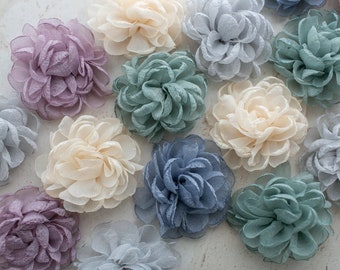 Shimmer Fabric Rose | 3" Artificial Glimmer Rosette | Slate Grey, Blue, Eucalyptus Green, Mauve, or Cream Flower | Whimsical Organza Flowers