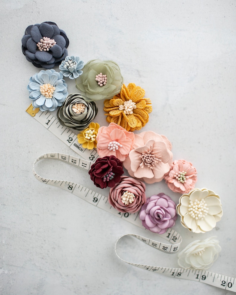 Mini Millinery Fabric, Woven and Felt Flowers Petite Craft Flowers Grab Bag Rainbow Assorted Artificial 1/2 to 1.5 inch Floral Multipack image 2