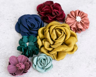 Fabric Flower Variety Bundle | Jewel Tones Flower Pack | Colorful Fabric Flowers | Emerald & Ruby Craft Flower Multipack | Floral Grab Bag